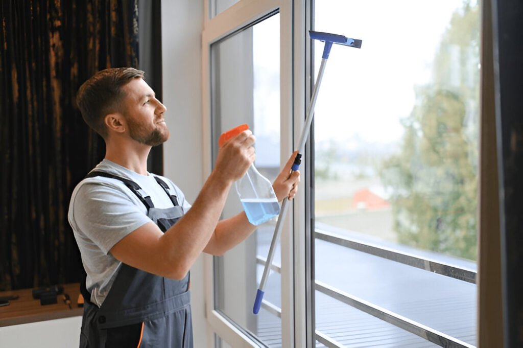 Professional cleaner sanitizing a modern kitchen in a Canadian home