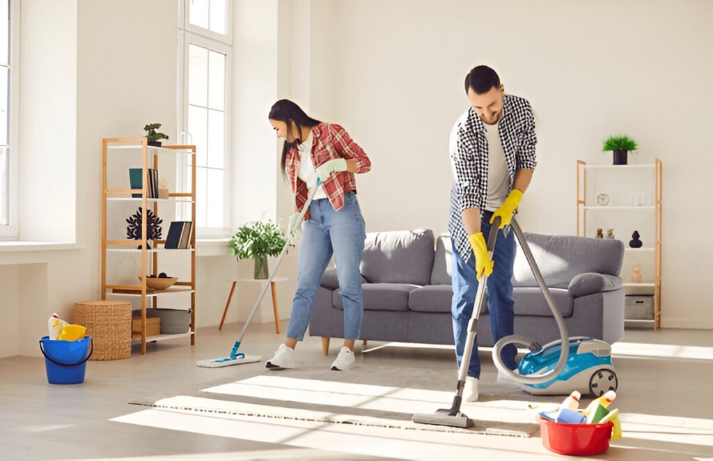 Student cleaning room before move-out in Canada