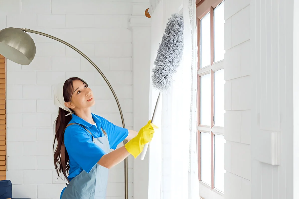 Speed cleaning tools including microfiber cloths, multi-purpose cleaner, vacuum, and duster.