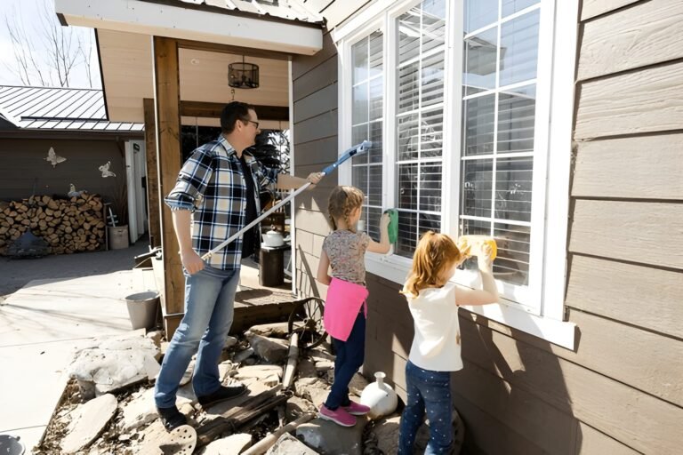 “Person wearing gloves cleaning an indoor window sill with plants nearby during spring cleaning.”