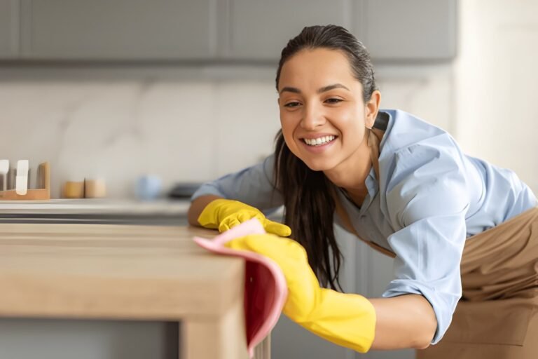 Smiling woman wearing gloves cleaning kitchen countertop — last-minute cleaning tips to get Milton homes holiday guest ready.