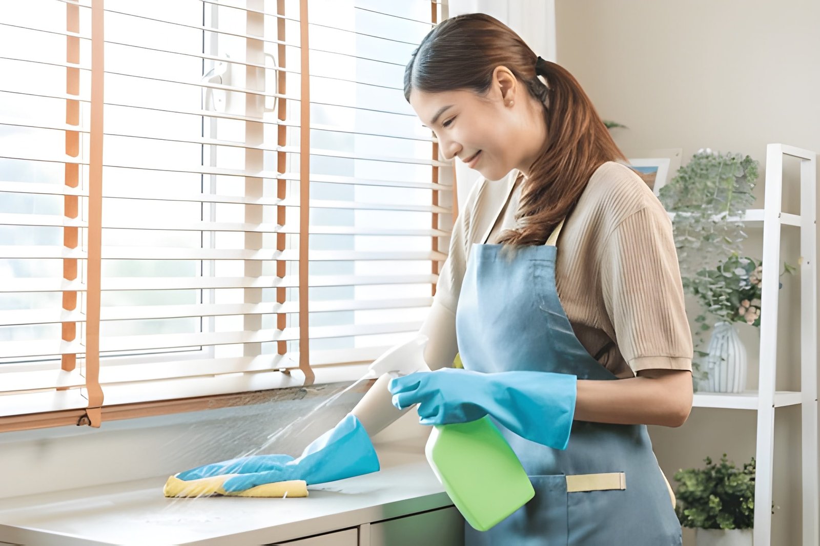 : Woman cleaning window area to prevent mold buildup and manage Burlington lakeside humidity indoors