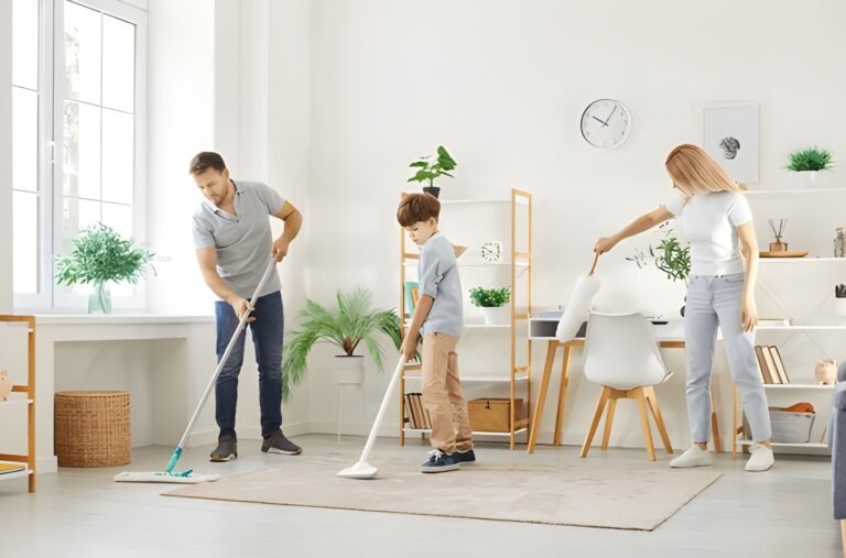 Family working together to clean the living room – part of professional home cleaning services in Milton